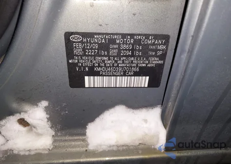 2009 Hyundai Elantra Se z USA, uszkodzony, nr VIN KMHDU46D39U701866